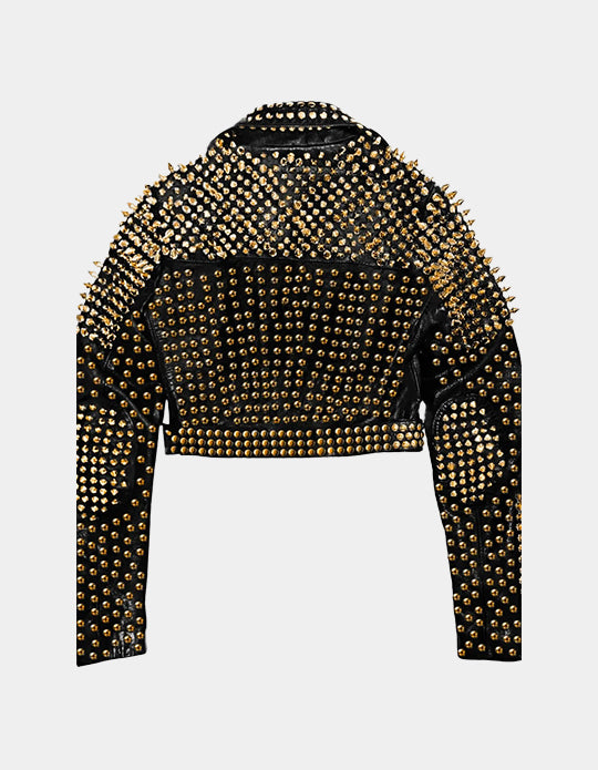 Women's Golden Biker Jacket with Studded Dome & Tree Spikes